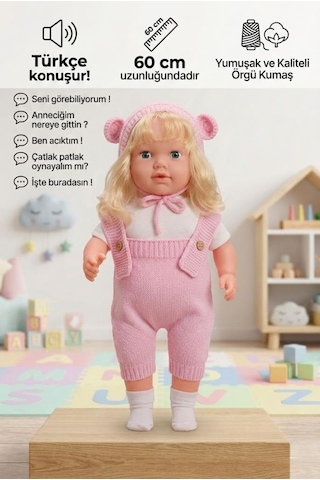 Konuşan Bebeğim 60 Cm Türkçe Konuşan Örgü Tulum Ve Şapkalı Kafası Bacakları Kolları Et Oyuncak Bebek 61907317