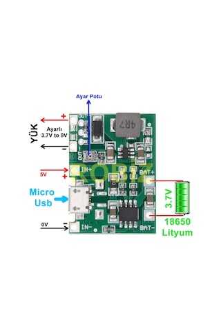 Tp4056 18650 Lityum Pil Şarj Micro Usb Ayarlı Voltaj Yükseltici 3-7v To 27v Boost Step Up Lion Akü
