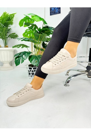 Günlük Kadın Sneaker Bağcıklı Yıldız Detaylı Tırtıklı Taban Oval Burunlu Rahat Spor Ayakkabı 602 Bej