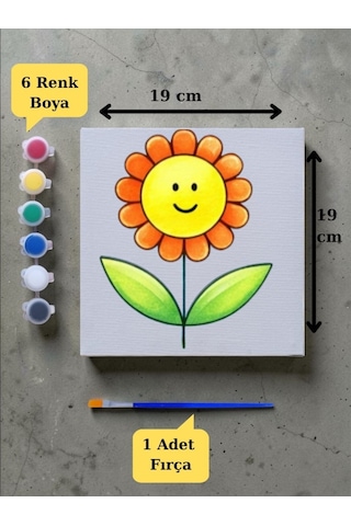 Sevimli Çiçek Baskılı Tuval Boyama Aktivite Seti 19x19 Cm Tuval, Fırça Ve 6 Renk Akrilik Boya Seti