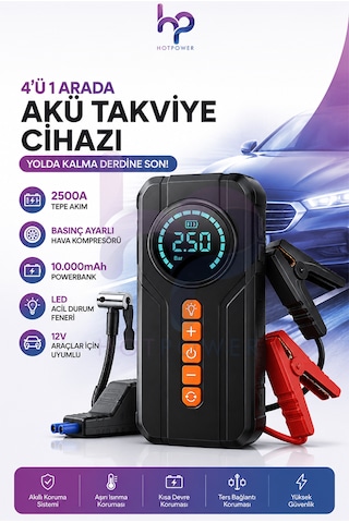 4ü1 Arada Akü Takviye Cihazı Hava Kompresörü Powerbank Led Fenerli Taşınabilir Jump Starter