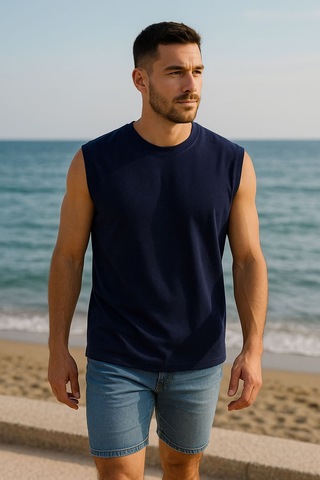 Erkek Bisiklet Yaka Sıfır Kol %100 Pamuk T-shirt Çok Renkli