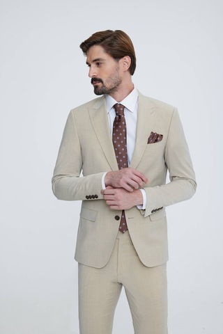 Ysf Erkek Bej Slim Fit Sivri Yaka Takım Elbise Bej