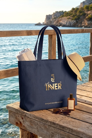 Just Inner Tekli Pamuklu Bez Çanta Büyük Boy Cırtcırtlı 48x34 Cm Çevre Dostu Günlük Gıft Lacivert