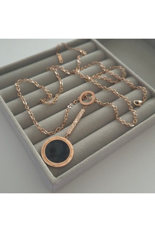 Çelik Rose Renk Roma Rakamlı Uzun Kadın Kolye