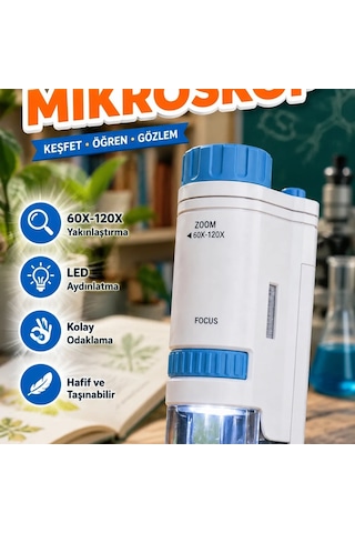 Abs Gövdeli 80x-200x Büyütmeli Led Işıklı Öğrenci Mikroskobu Mavi Renk