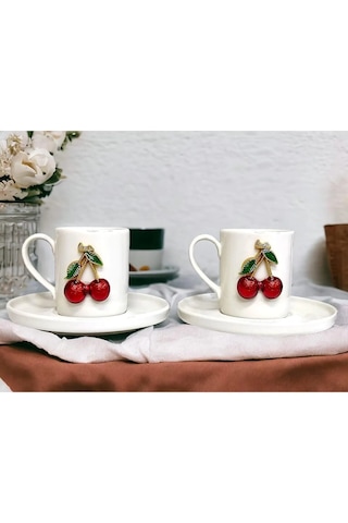 6 Kişilik Beyaz Porselen Fenomen Kiraz Kahve Fincan Takımı Sunum