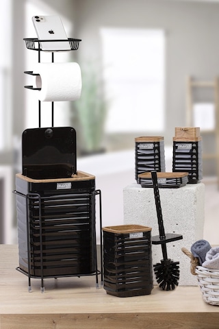 Okyanus Home Siyah Ahşap Desenli Luna Kare Yedekli Wc Kağıtlık Ve 6 Parça Banyo Seti