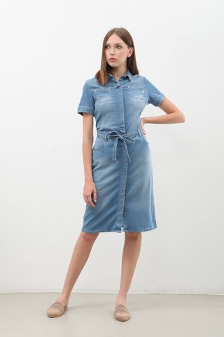 Banny Jeans Kadın Kemer Detaylı Düğmeli Kısa Jean Elbise Mavi