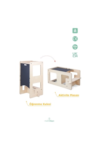 Flip Natural 3'ü 1 Arada Öğrenme Kulesi & Aktivite Masası & Yazı Tahtası Natural