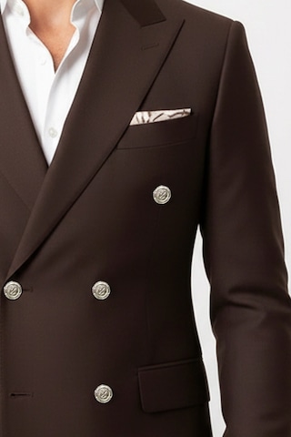 Gümüş Renk Metal Düğmeli Modern Fit Kruvaze Kahverengi Erkek Takım Elbise Wessi