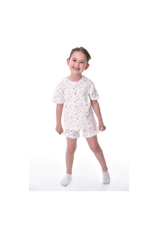 %100 Pamuk Interlok Kumaş Kısa Kollu Şortlu Kız Çocuk Pijama Takımı 3,4,5,6,7,8 Yaş Beyaz