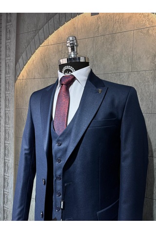 Dupont Classics Dupont Erkek Slim Fit 6 Drop Filafil Viskon Sivri Yaka Çift Yırtmaç Yelekli Takım Elbise Lacivert