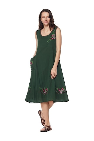Şile Bezi Yeşil Kolsuz Nakışlı Elbise