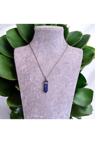 Lapis Lazuli Uçlu Kristal Çelik Zincirli Doğal Taş Kolye