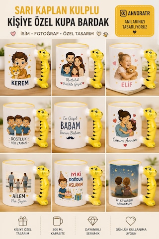 Kişiye Özel - Kaplan Kulplu Kupa Beyaz - Sarı