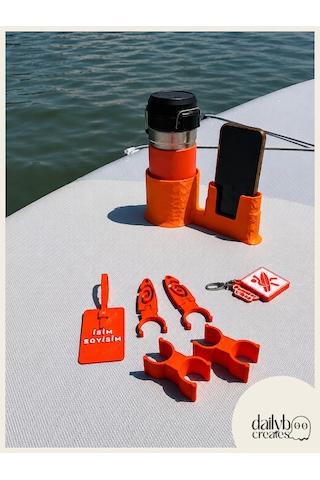 Sup Board Telefon Termos Tutucu Paddle Board Kano Aksesuar Seti Kürek Sabitleme + Organizer + Telefon & İçecek Tutucu + Charm Anahtarlık + Kişiye Özel İsimlik Turuncu