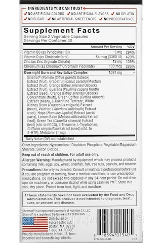 Force Factor Nighttime Fat Burner Leanfire Pm 60 Vegetable Capsul