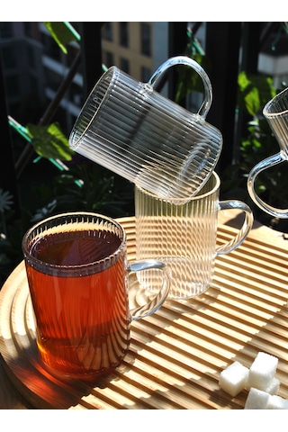 3'lü Borosılıkat Cam Bardak Çizgili Kulplu Çay Kahve Bardağı250m