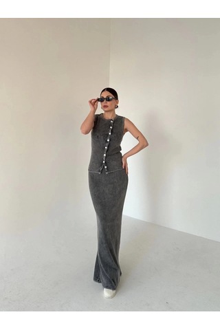 Uzun Etekli Önü Düğmeli Badi İkili Takım- Antrasit Antrasit
