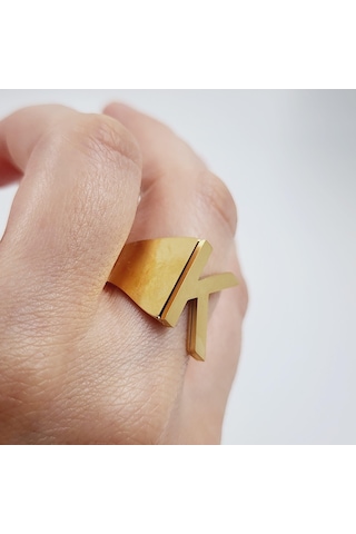 Çelik Gold Düz Kesim Harf Yüzük -k Harfi- Ayarlı Ölçü-1896