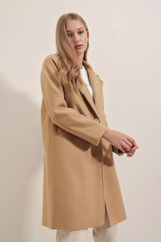 Giyim Dünyası Kadın Tek Düğme Kaşe Kaban Hardal