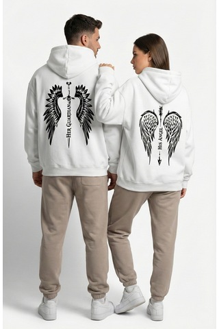 Nevermind Unisex His Angel & Her Guardian Baskılı Sevgili Kombini Hoodie Se Beyaz