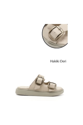 Gönderi R Bej Tokalı Dolgu Taban Hakiki Deri Comfort Terlik Bej
