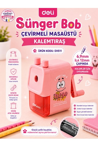 Deli Eh511 Spongebob Lisanslı Masaüstü Kalemtıraş Pembe Jumbo Ve Standart Kalem Uyumlu