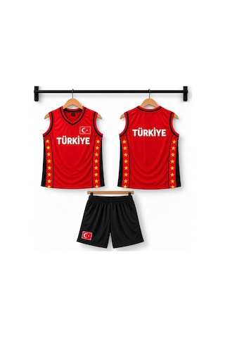 Sonvadi Çocuk Basketbol Forması Türkiye Armalı Kırmızı-siyah 3 Parça Çorap Kırmızı