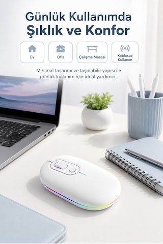 Beyaz Şarjlı Kablosuz Mouse Bluetooth 5.2 + 2.4g Çift Modlu Sessiz Tuşlu Rgb Işıklı 800 1200 1600 Dpı Type-c Şarjlı Ergonomik Mouse Çok Renkli Diğer