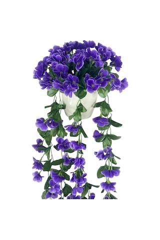Yapay Çiçek Sarkan Mor Menekşe Krem Rengi Saksıda 4 Sarkan Dallı 70cm