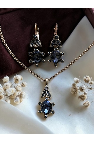 Oval Kristal Taşlı Kolye Ve Küpe Seti Gri