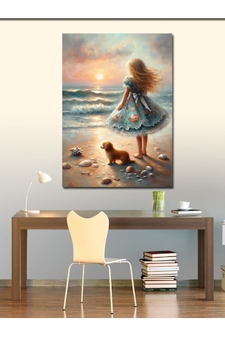 Kanvas Tablo Yavru Köpek Ve Kız Çocuğu 50cmx70cm