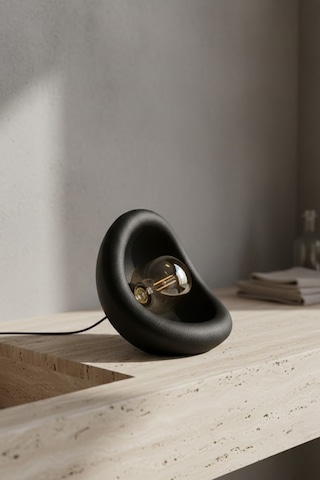 Modern Beton Dokulu Abajur Organik Oval Gece Lambası Masaüstü Komodin Lambası 25 Cm Siyah