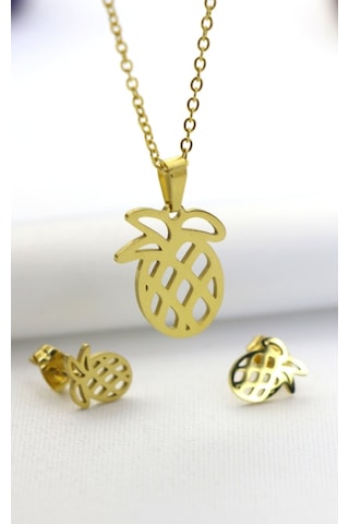 Ananas Çelik Kolye Küpe Set Gümüş