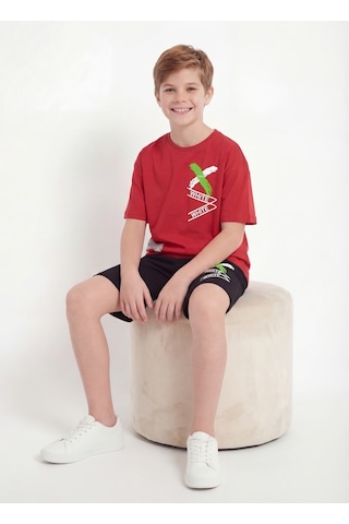 Panios Kids X White Baskı Detaylı Yuvarlak Yaka Yazlık Erkek Çocuk Alt Üst Takım Kırmızı