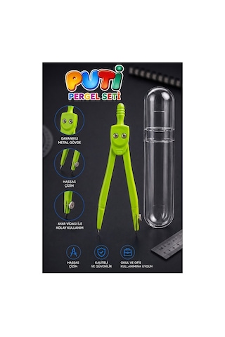 Yeşil Metal Pergel 1 Adet Puti 1574 Koruma Kutulu Metal Pergel Grafit Uçlu Mekanik Pergel Matematik Teknik Mimari Çizim