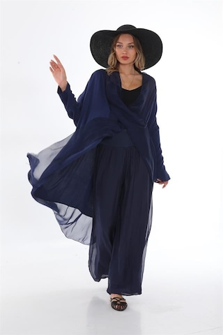 Bohem Stil Italyan Ipek Detaylı Oversize Kap Bluz- Wes Pantolon Takım-8789 Lacivert