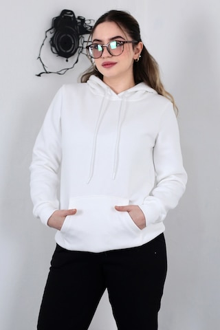 Hodies Winter Kapşonlu Kanguru Cep 3 İplik Puf Yumuşacık İçi Polarlı Sweatshirt Beyaz