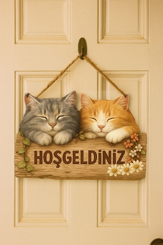 Kapı Süsü Ahşap "hoşgeldiniz" Yazılı Retro - Sevimli Kediler