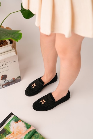 Muggo Fawn Renkli Boncuk Detaylı Kadın Günlük Loafer Ayakkabı Siyah
