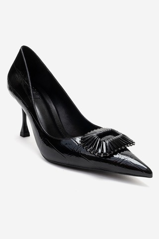 Luvishoes Rebel Siyah Baskılı Tokalı Kadın Topuklu Ayakkabı Siyah