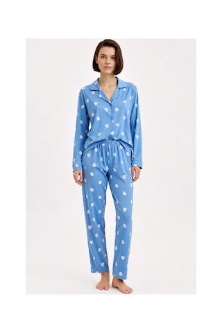 Feg Store Kadın Mavi Kalp Desenli Süet Dokulu Gömlek Yaka Pijama Takımı - Yumuşak Premium Seri