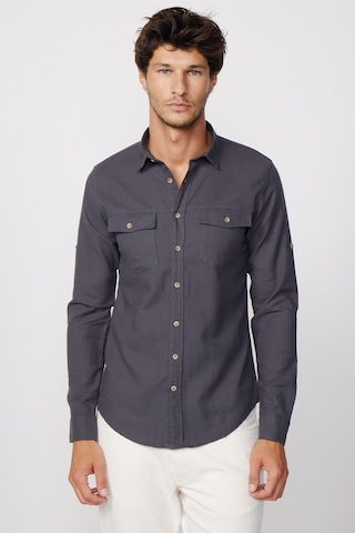 Tudors Slim Fit Uzun Kol Çift Cep Pamuk Keten Spor Yaka Füme Erkek Gömlek-28611-füme Füme