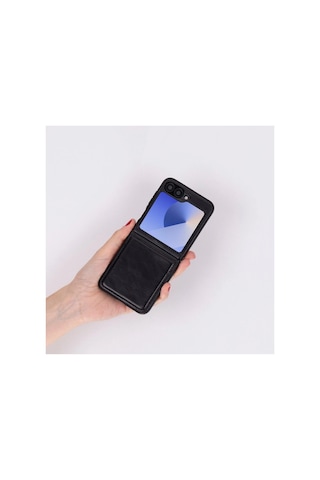 Samsung Galaxy Z Flip6 Uyumlu, Hakiki Deri, El Yapımı Arka Kapak Parlak Siyah Çok Renkli