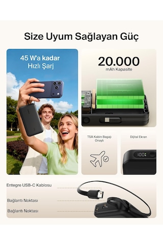 Ultracharge 20000 Mah Usb-c Kablolu Ve Ekranlı Power Bank, Siyah