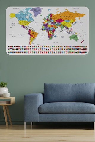 Ülke Bayrak Lı Eğitici Başkent Detaylı Atlası Dünya Haritası Duvar Sticker -60x105-3848 Çok Renkli