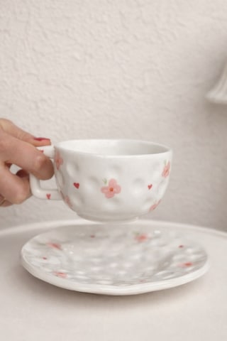Şekilsiz Floral El Yapımı Seramik Bardak & Altlık Seti 300 Ml Çok Renk