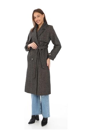 Kadın Balık Sırtı Yünlü Dokuma Kaşe Kaban Kruvaze Yaka, Kuşaklı, Cepli, Astarlı Uzun Boy Tesettür Kahverengi